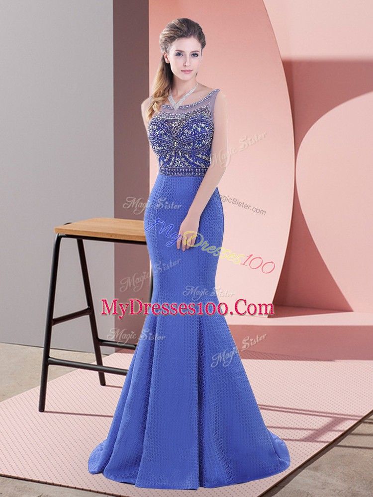 Sleeveless Beading and Lace Lace Up Prom Dress with Blue Sweep Train