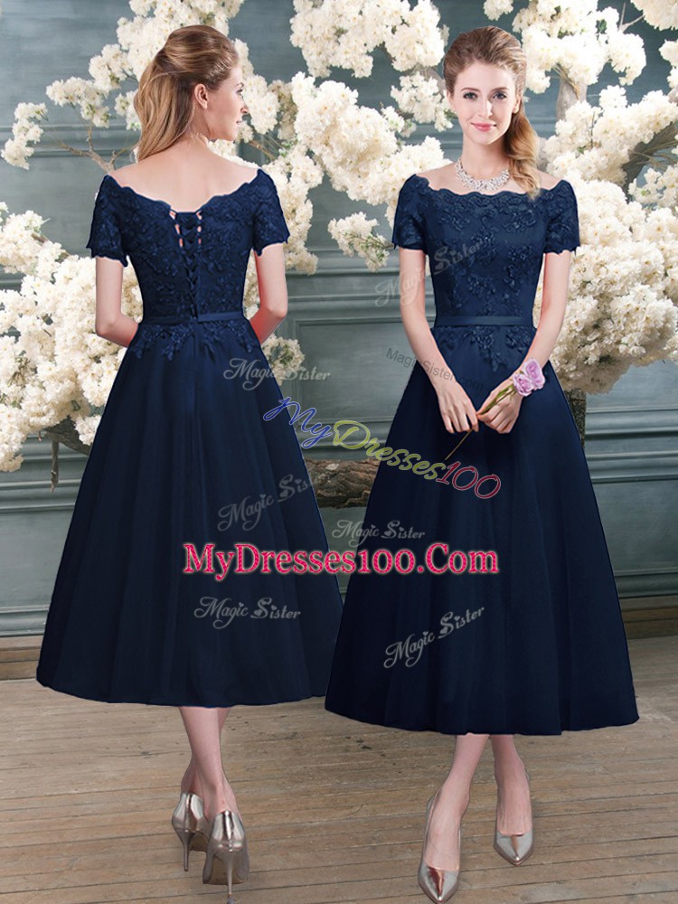 Navy Blue Scalloped Zipper Lace Prom Evening Gown Short Sleeves