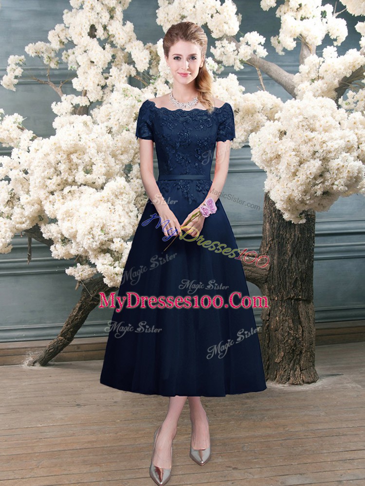 Navy Blue Scalloped Zipper Lace Prom Evening Gown Short Sleeves