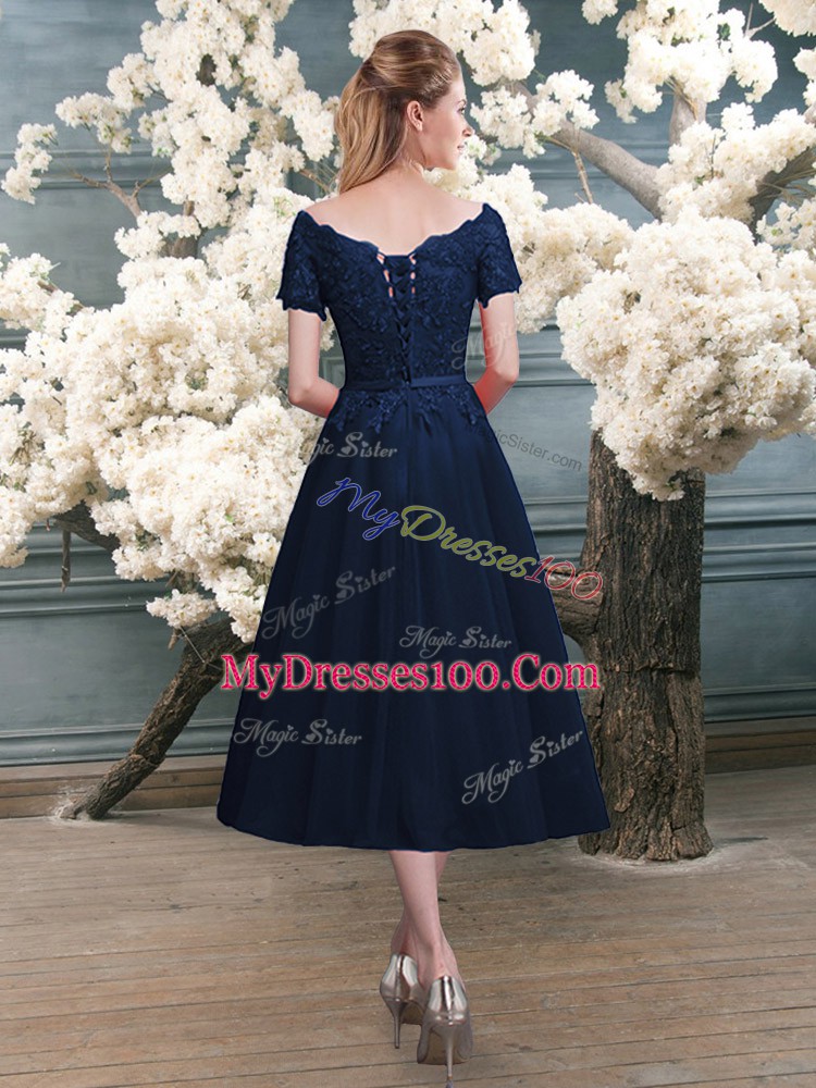 Navy Blue Scalloped Zipper Lace Prom Evening Gown Short Sleeves