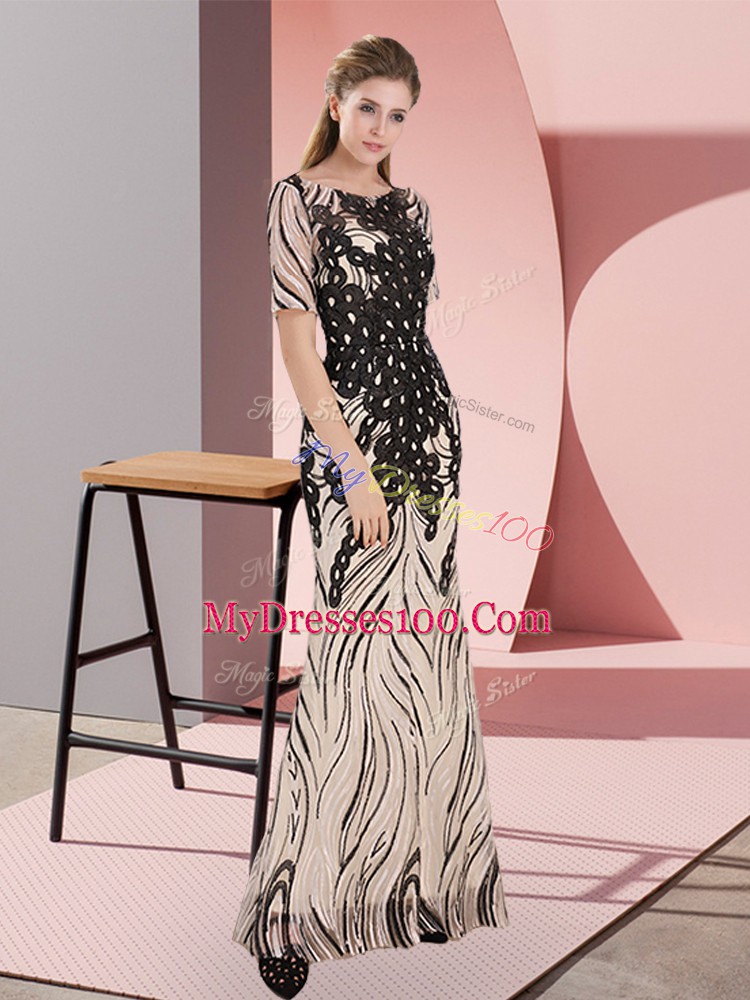 Custom Fit Black Zipper Scoop Sequins Prom Dress Half Sleeves