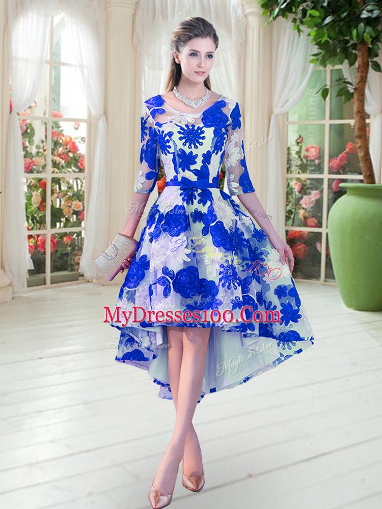 Blue And White Lace Up Scoop Belt Prom Evening Gown Lace Half Sleeves
