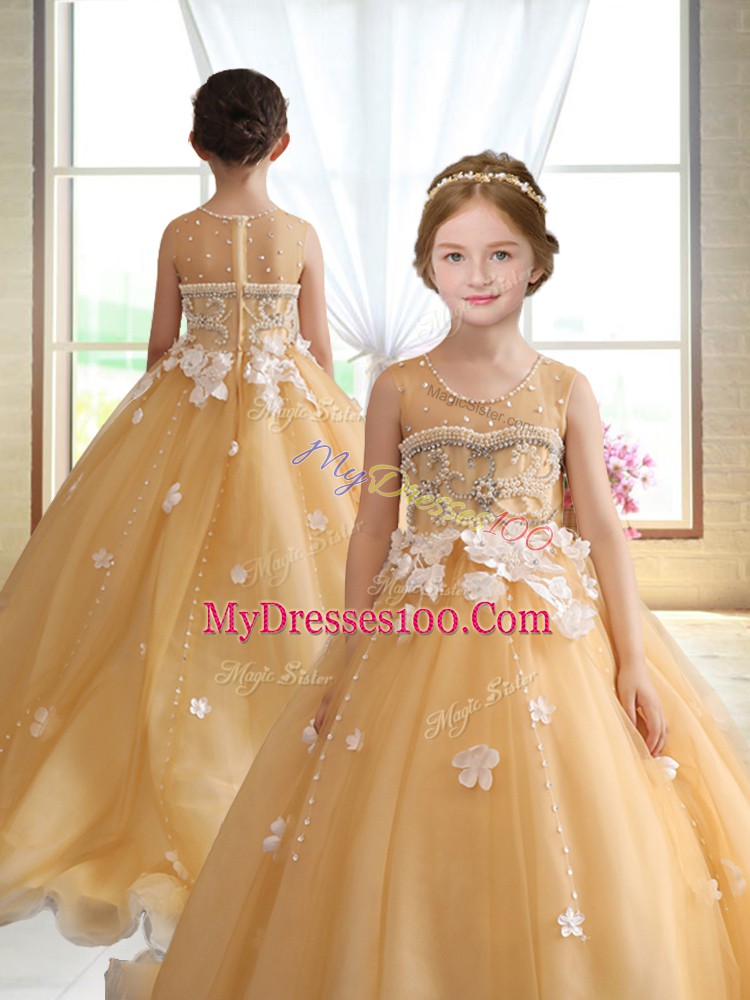 Custom Designed Gold Ball Gowns Beading and Appliques Pageant Dresses Zipper Organza Sleeveless