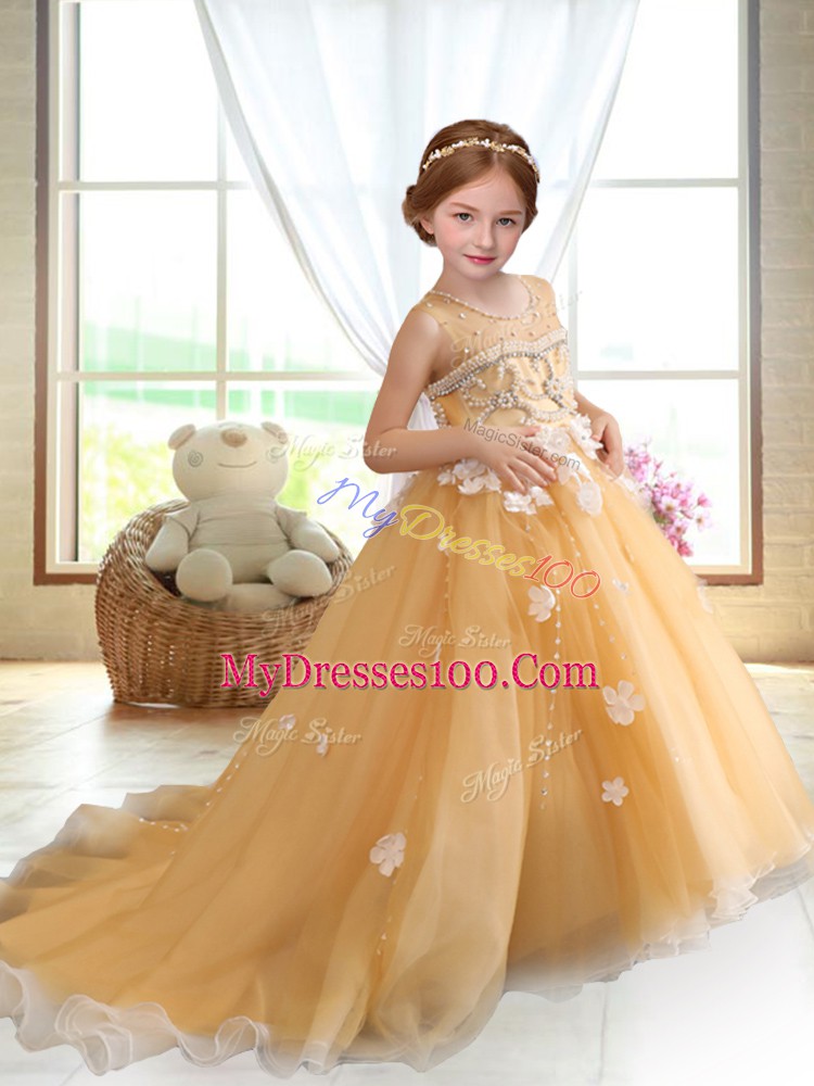 Custom Designed Gold Ball Gowns Beading and Appliques Pageant Dresses Zipper Organza Sleeveless