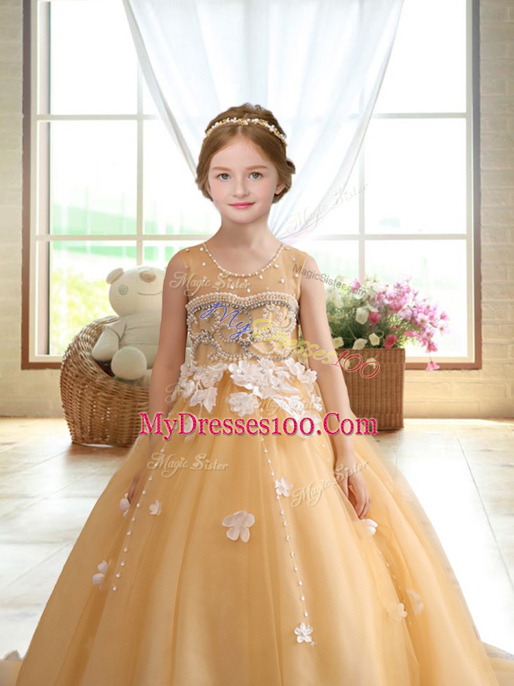 Custom Designed Gold Ball Gowns Beading and Appliques Pageant Dresses Zipper Organza Sleeveless