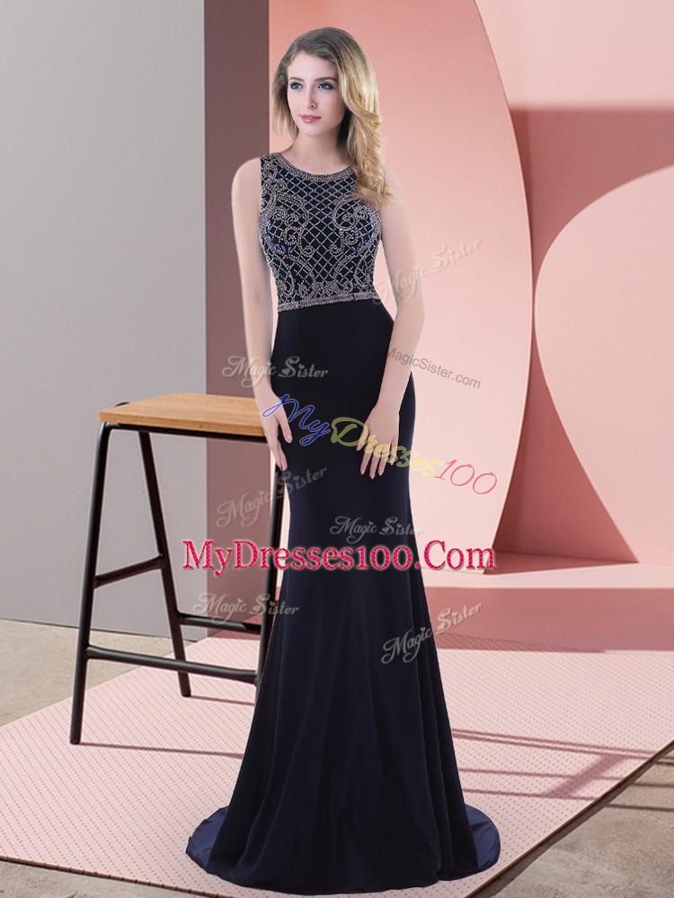 Modest Scoop Sleeveless Sweep Train Zipper Navy Blue Chiffon