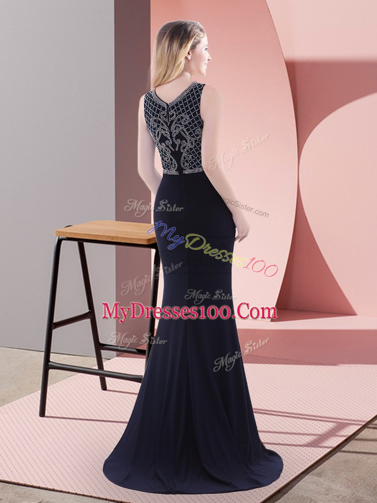 Modest Scoop Sleeveless Sweep Train Zipper Navy Blue Chiffon