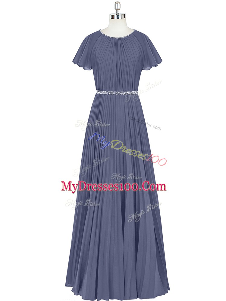 Blue Zipper Scoop Beading and Pleated Prom Gown Chiffon Short Sleeves