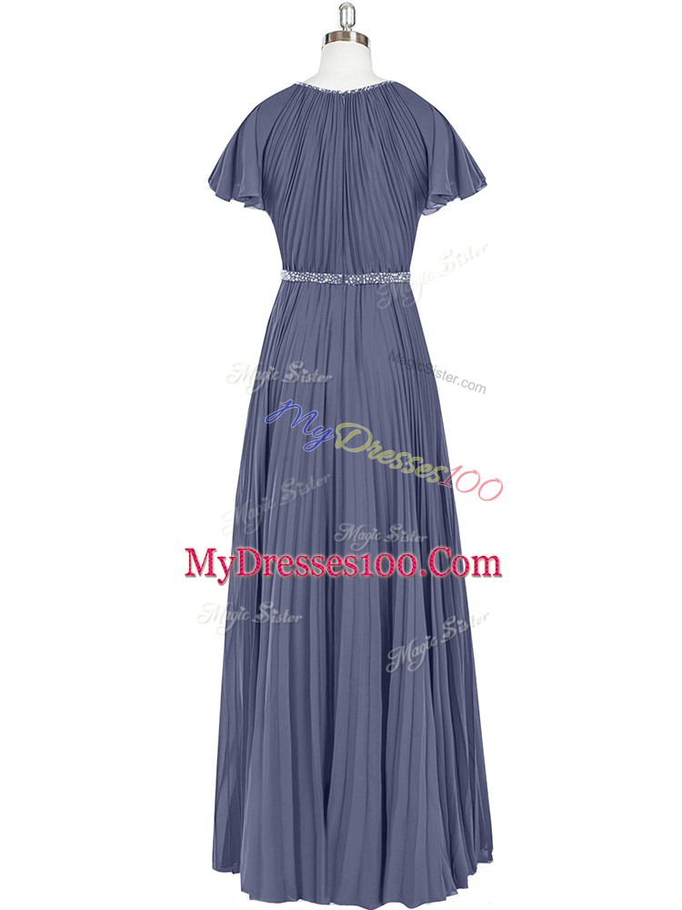 Blue Zipper Scoop Beading and Pleated Prom Gown Chiffon Short Sleeves