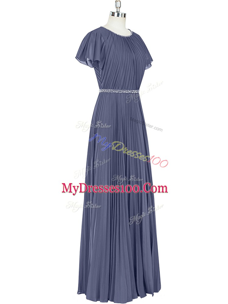 Blue Zipper Scoop Beading and Pleated Prom Gown Chiffon Short Sleeves