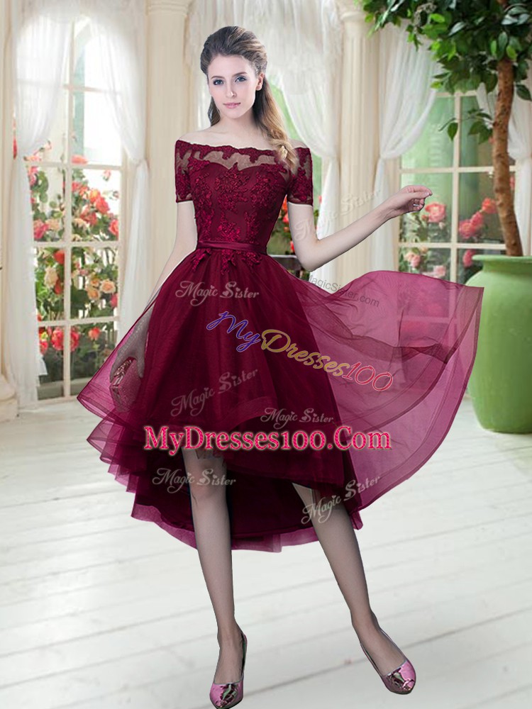 High End Off The Shoulder Short Sleeves Tulle Evening Party Dresses Lace Lace Up