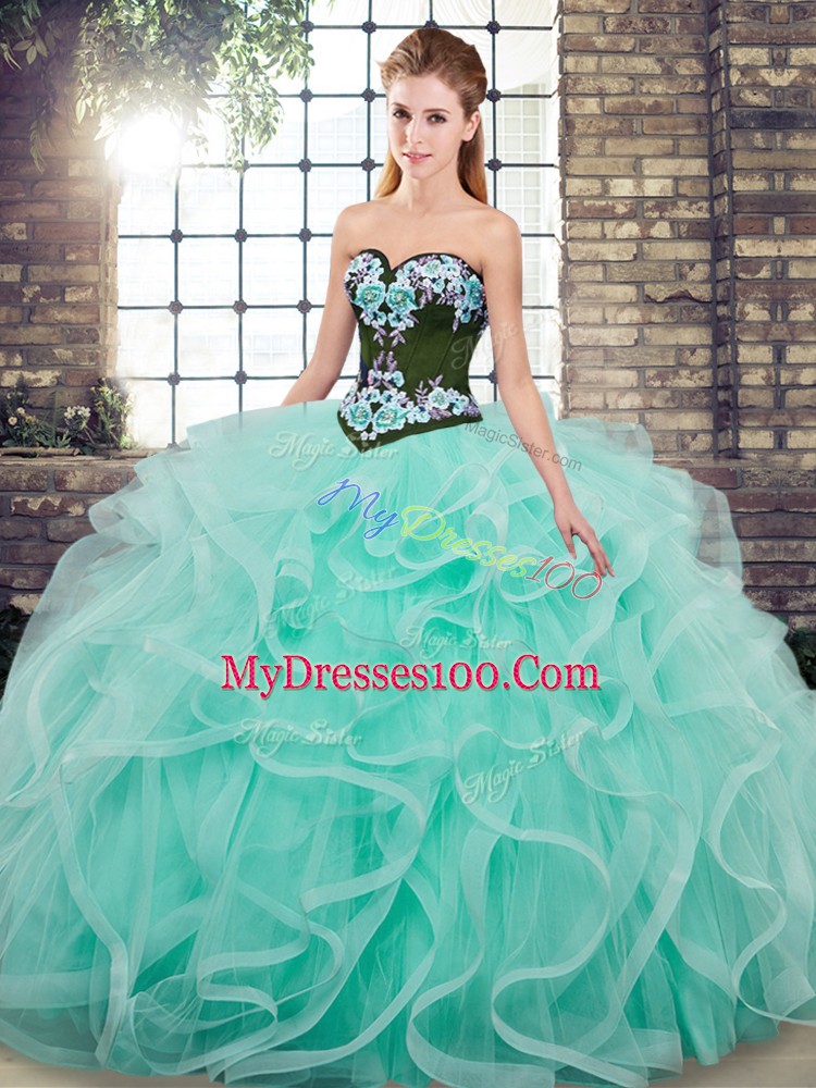 Trendy Sweetheart Sleeveless Tulle Quinceanera Dress Embroidery and Ruffles Sweep Train Lace Up
