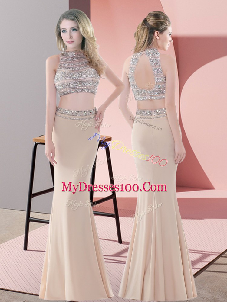 Champagne Satin Backless High-neck Sleeveless Floor Length Dress for Prom Beading