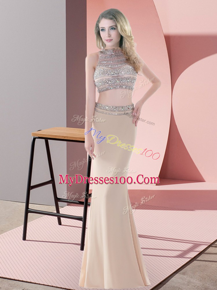 Champagne Satin Backless High-neck Sleeveless Floor Length Dress for Prom Beading