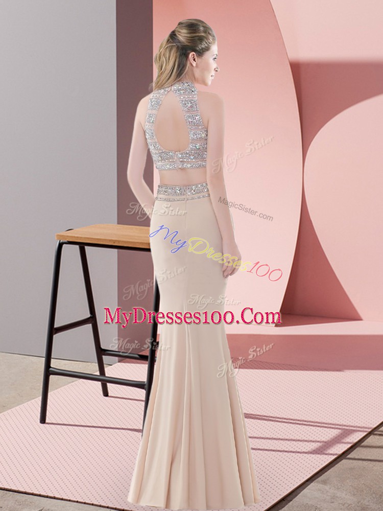 Champagne Satin Backless High-neck Sleeveless Floor Length Dress for Prom Beading