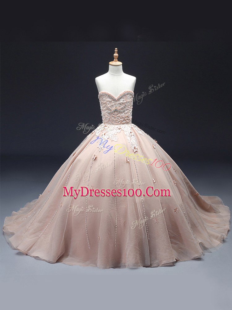Pink Lace Up Sweetheart Beading and Appliques Pageant Dress Womens Tulle Sleeveless