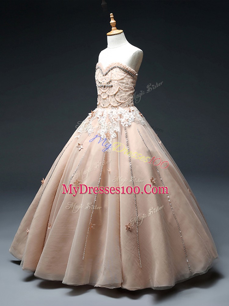 Pink Lace Up Sweetheart Beading and Appliques Pageant Dress Womens Tulle Sleeveless