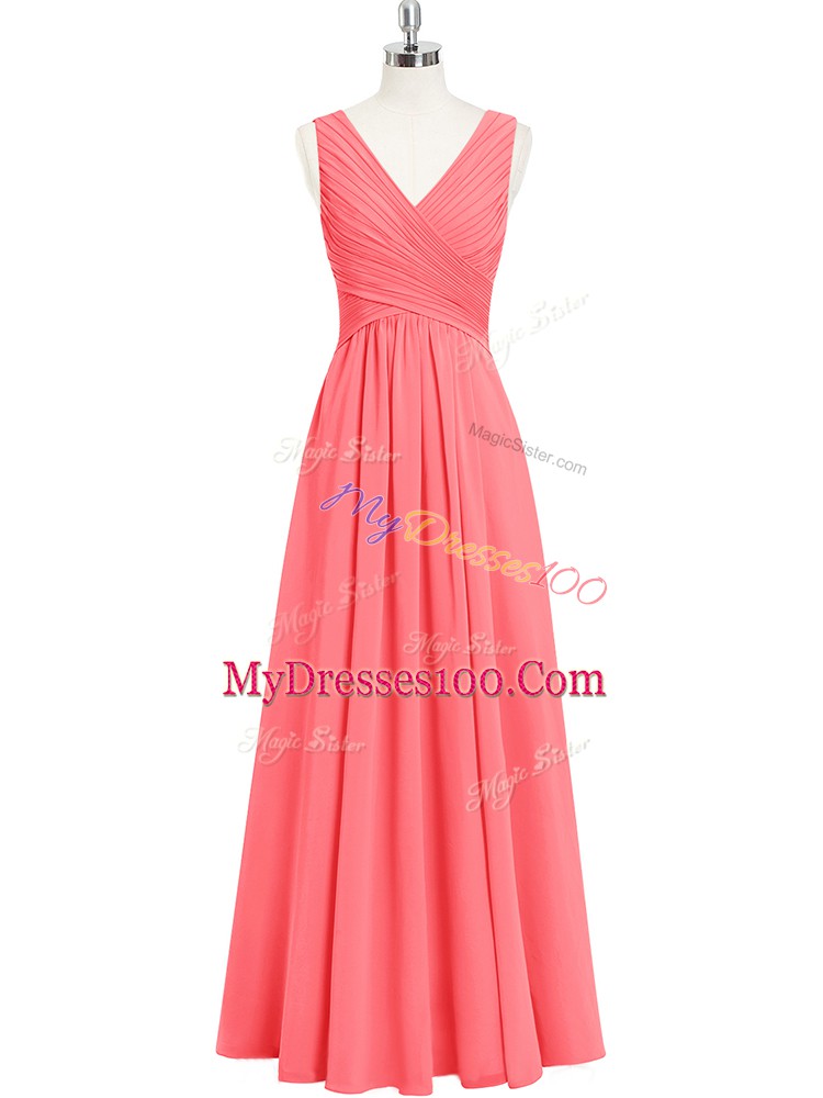V-neck Sleeveless Zipper Prom Gown Watermelon Red Chiffon