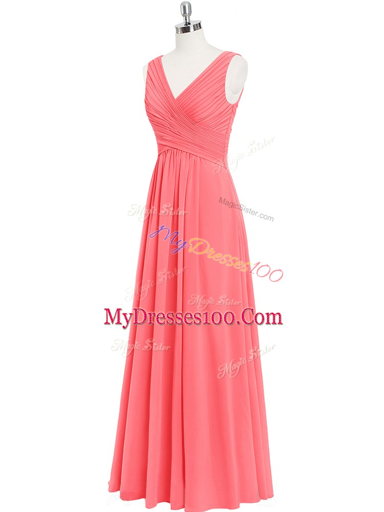 V-neck Sleeveless Zipper Prom Gown Watermelon Red Chiffon