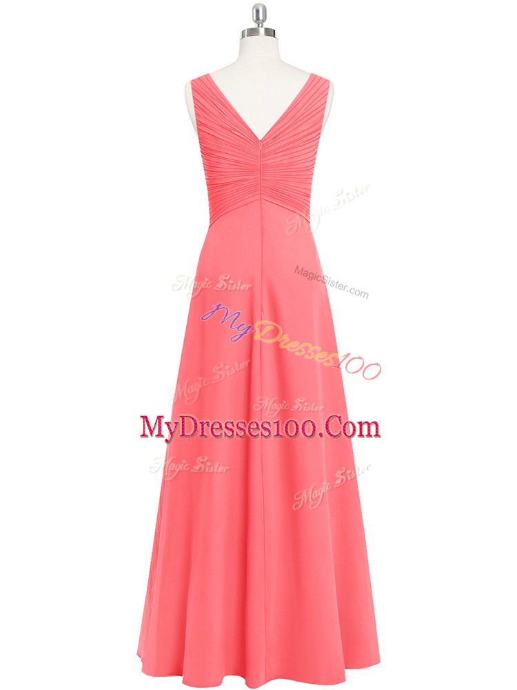 V-neck Sleeveless Zipper Prom Gown Watermelon Red Chiffon