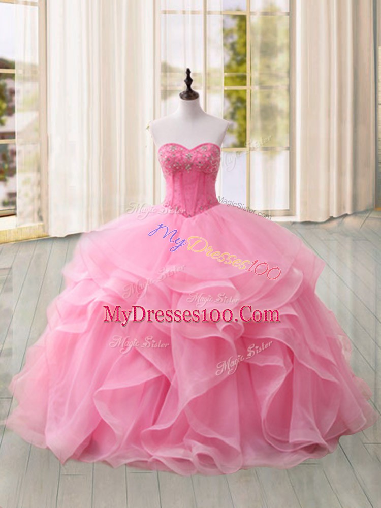 Sweetheart Sleeveless Tulle Quinceanera Dresses Beading and Ruffles Sweep Train Lace Up