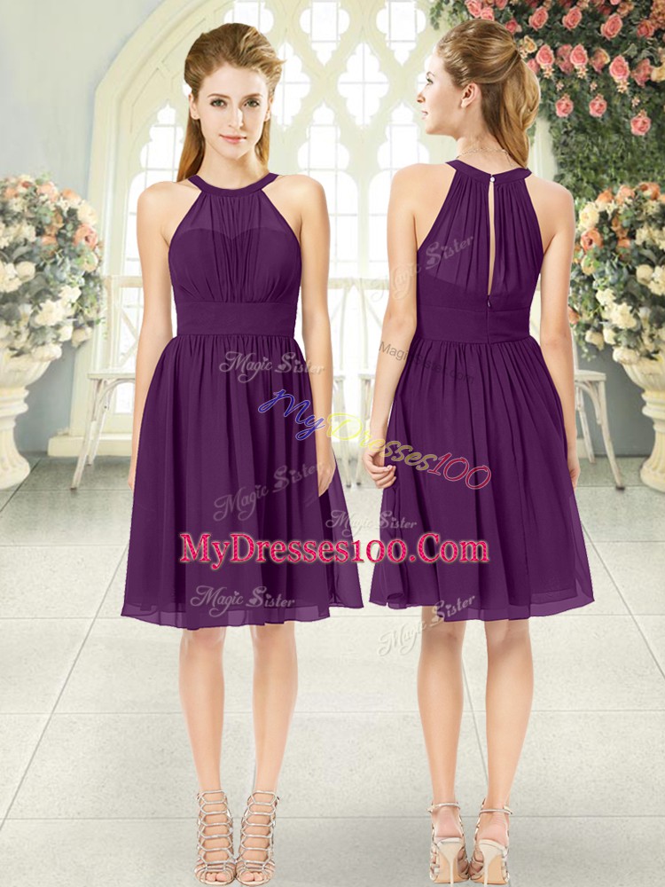 On Sale Sleeveless Knee Length Ruching Zipper Evening Dresses with Purple