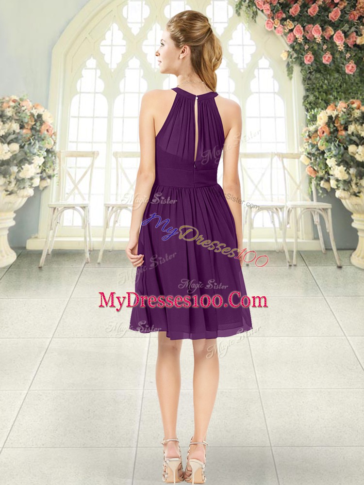 On Sale Sleeveless Knee Length Ruching Zipper Evening Dresses with Purple