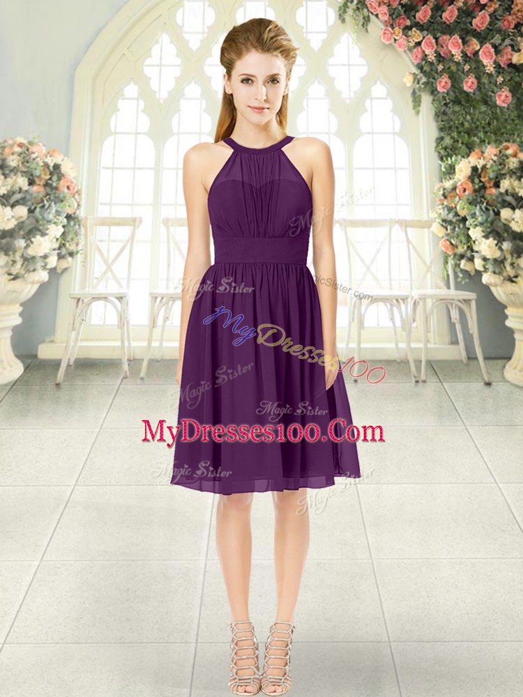 On Sale Sleeveless Knee Length Ruching Zipper Evening Dresses with Purple