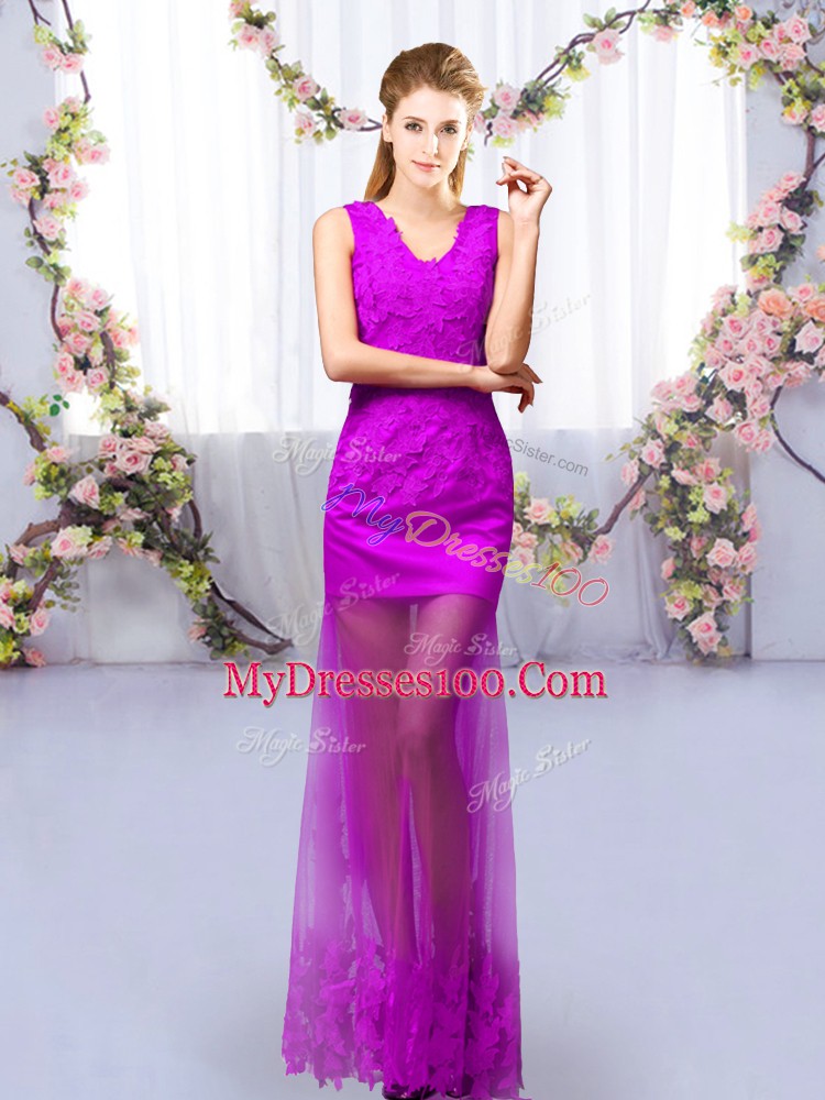Pretty Sleeveless Floor Length Lace Lace Up Quinceanera Dama Dress with Purple