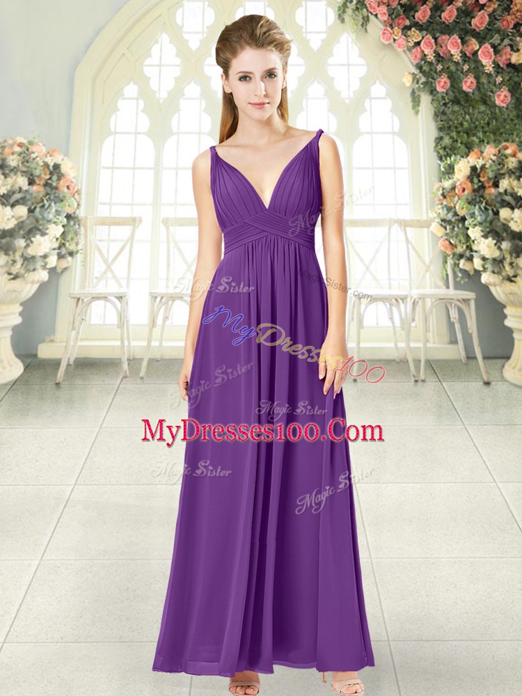 Purple Empire V-neck Sleeveless Chiffon Ankle Length Zipper Ruching Dress for Prom