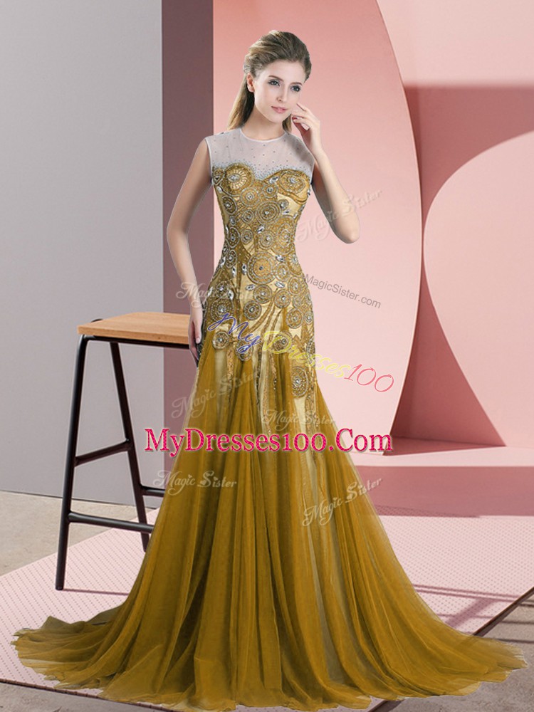 Fashion Beading and Appliques Brown Backless Sleeveless Sweep Train