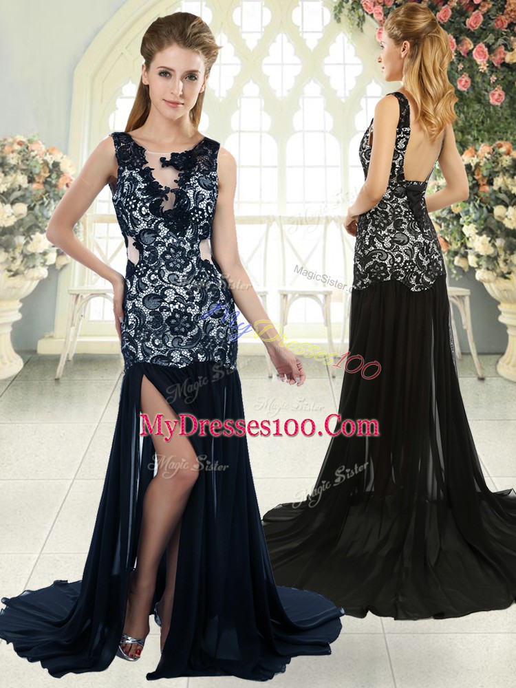 Romantic Sleeveless Brush Train Lace Backless Evening Outfits