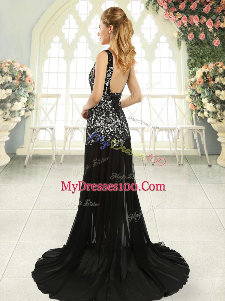 Romantic Sleeveless Brush Train Lace Backless Evening Outfits