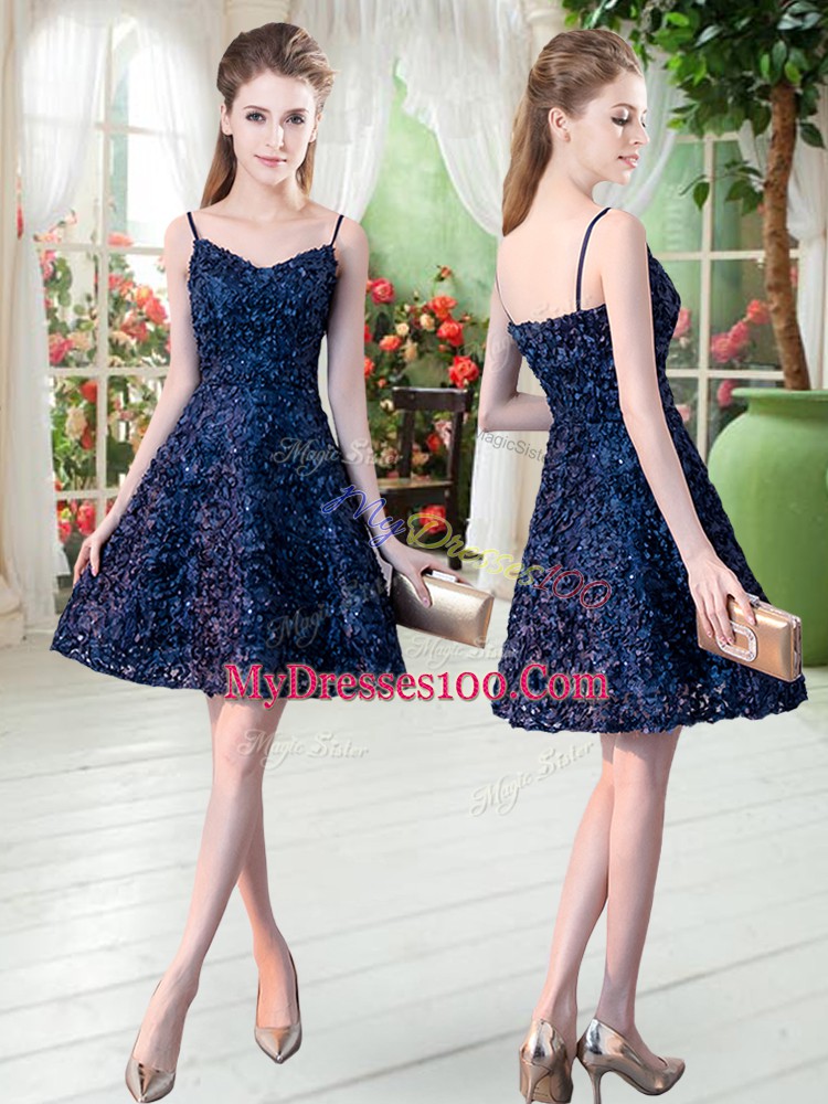 Fine Navy Blue Zipper Spaghetti Straps Sleeveless Mini Length Evening Dress Lace
