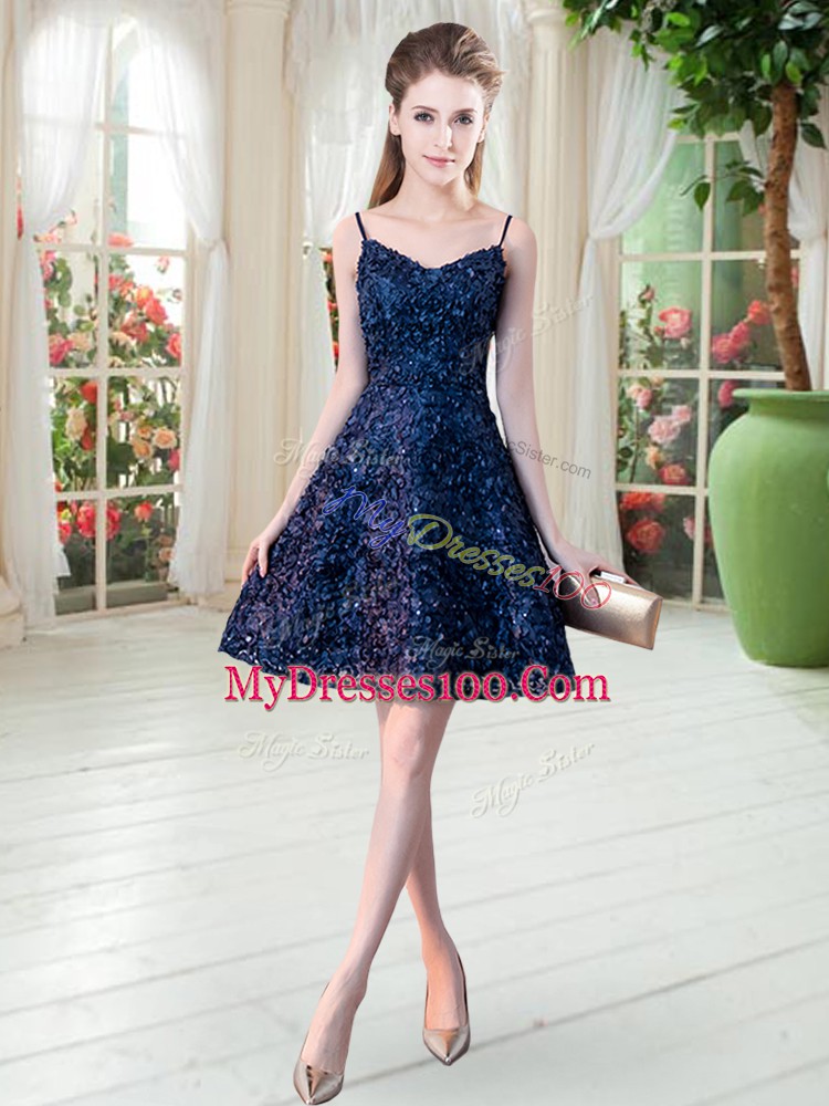 Fine Navy Blue Zipper Spaghetti Straps Sleeveless Mini Length Evening Dress Lace