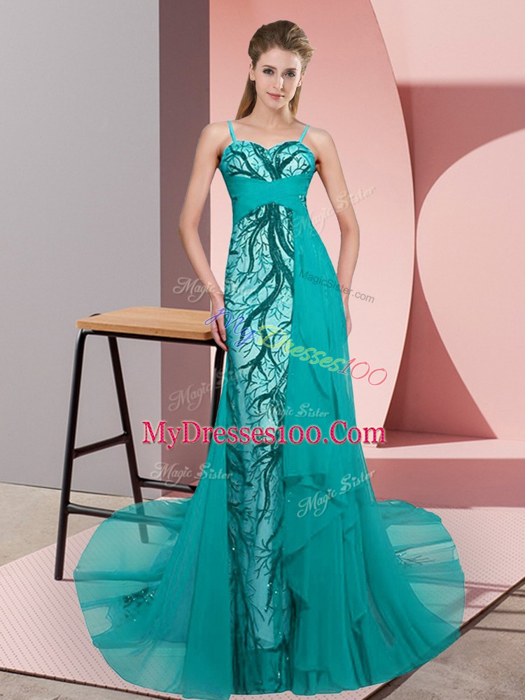 Teal Zipper Beading and Lace Sleeveless Sweep Train