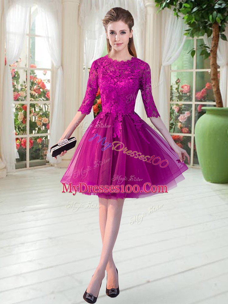 Fashion Fuchsia Scalloped Zipper Lace Prom Gown Half Sleeves