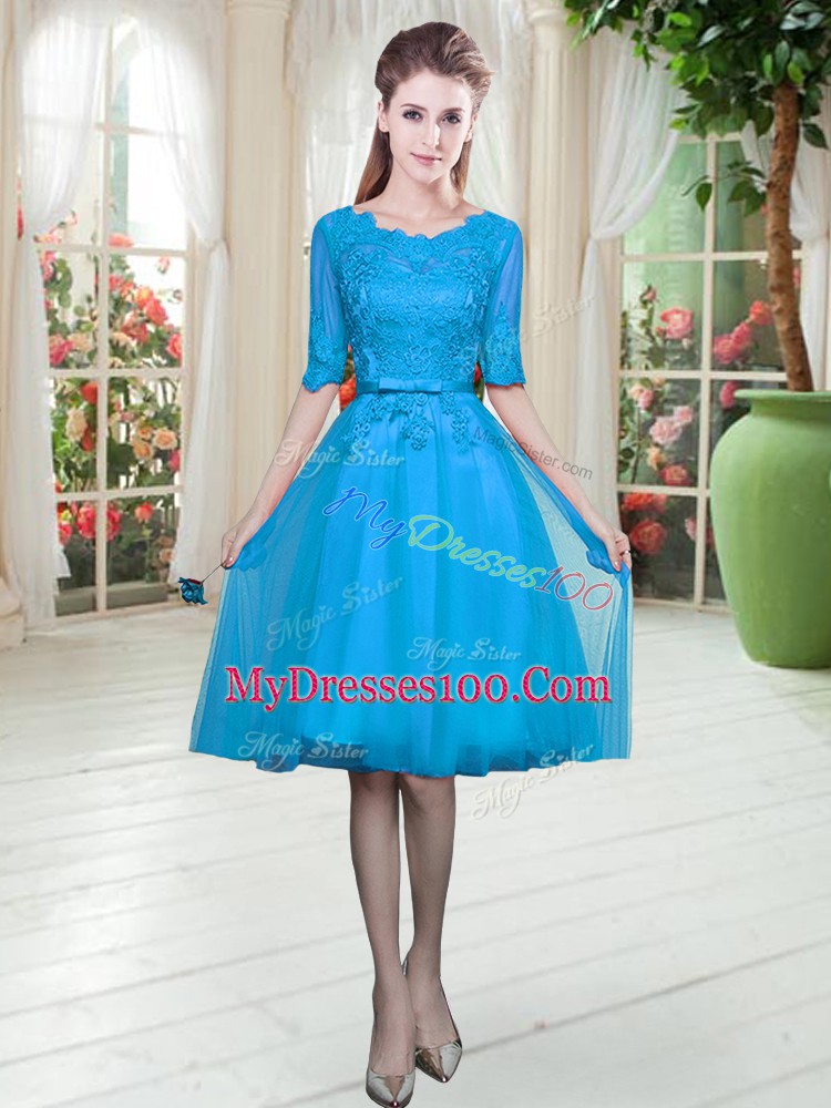 Blue Scoop Lace Up Lace Evening Dresses Half Sleeves