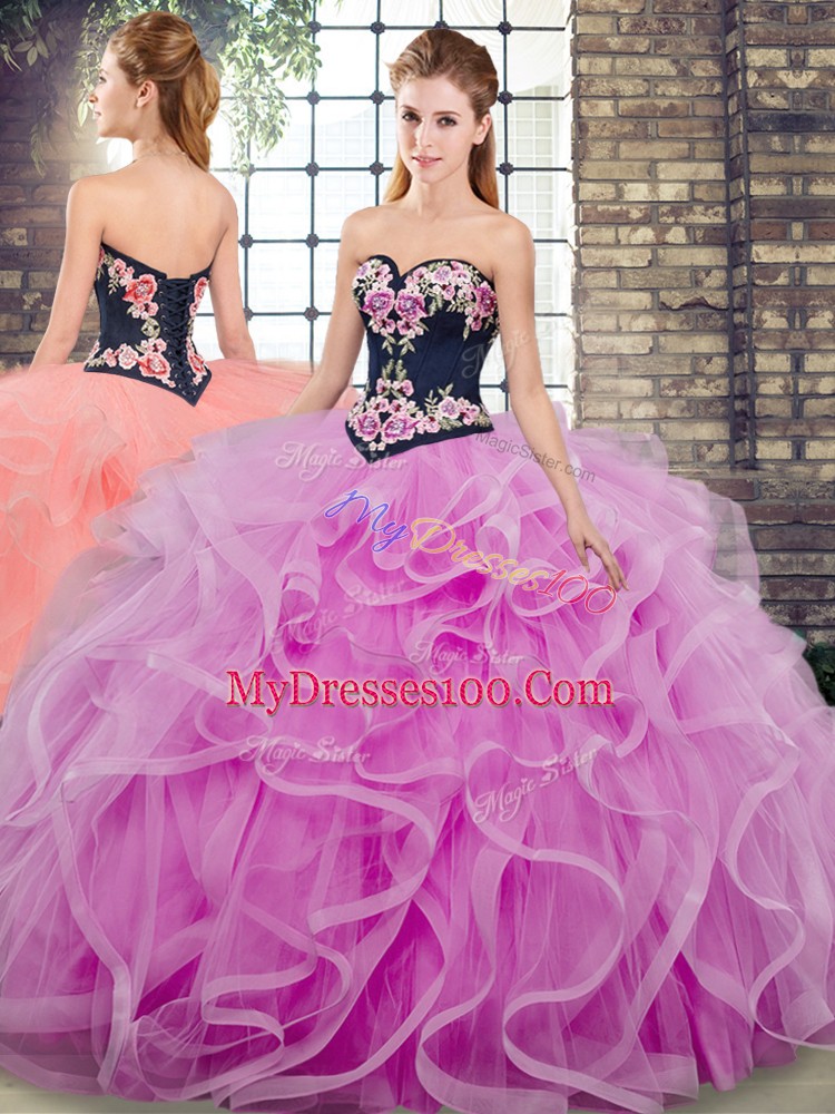 Lilac Sleeveless Tulle Sweep Train Lace Up Quinceanera Gowns for Military Ball and Sweet 16 and Quinceanera