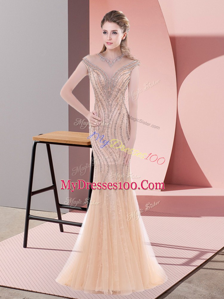 Modern Peach Prom Dress Tulle Sweep Train Sleeveless Beading