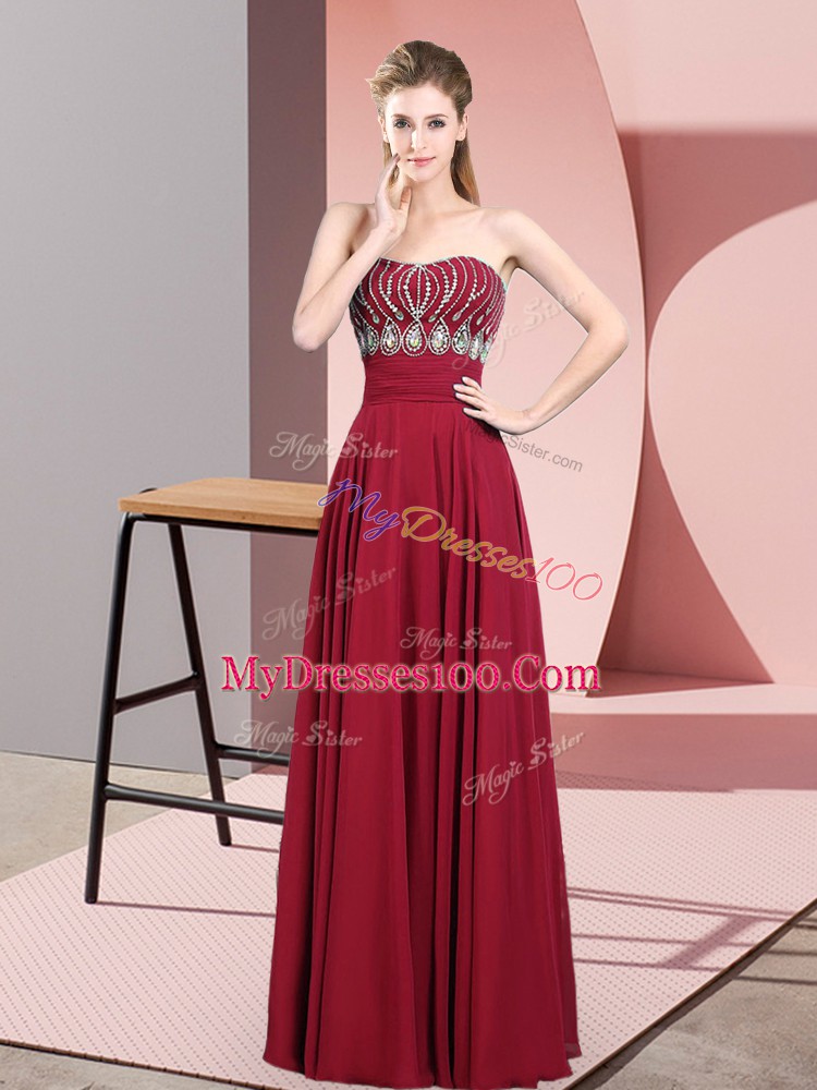 Custom Made Red Empire Strapless Sleeveless Chiffon Floor Length Zipper Beading Prom Dress