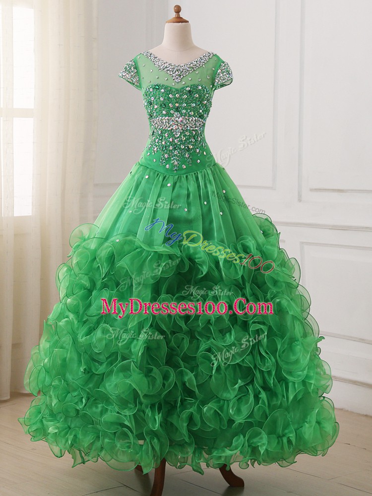 Green Custom Made Pageant Dress Wedding Party with Beading and Ruffles V-neck Cap Sleeves Lace Up