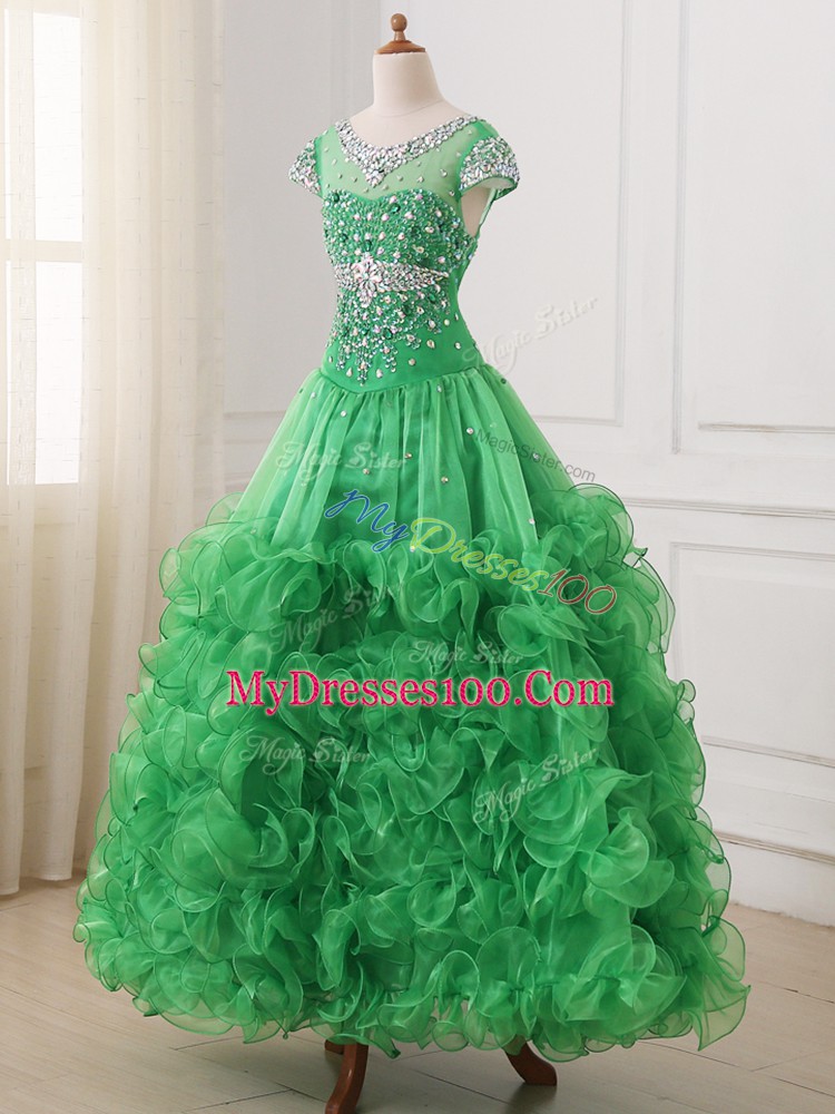 Green Custom Made Pageant Dress Wedding Party with Beading and Ruffles V-neck Cap Sleeves Lace Up