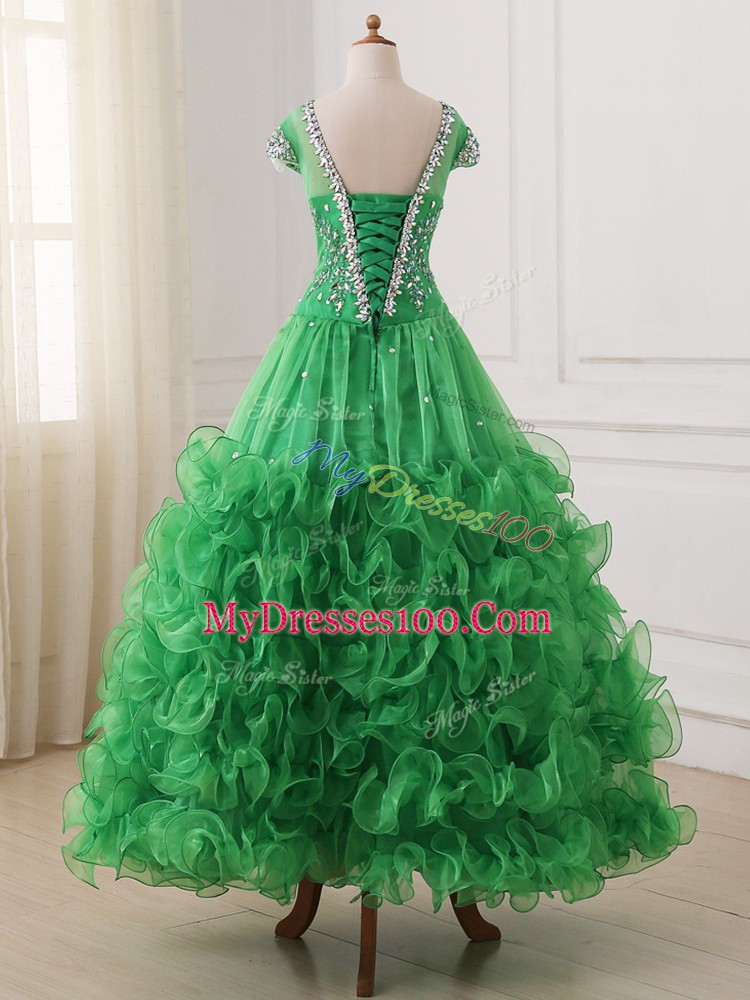 Green Custom Made Pageant Dress Wedding Party with Beading and Ruffles V-neck Cap Sleeves Lace Up
