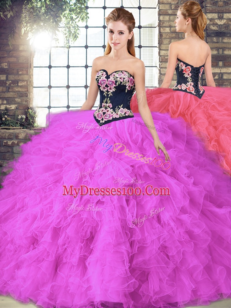 Stylish Fuchsia Sleeveless Tulle Lace Up Vestidos de Quinceanera for Sweet 16 and Quinceanera