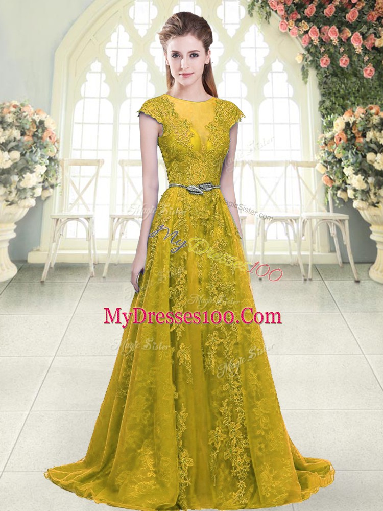Artistic Gold A-line Beading and Lace and Appliques Prom Dress Zipper Tulle Cap Sleeves