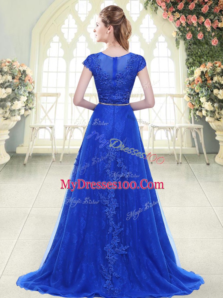 Artistic Gold A-line Beading and Lace and Appliques Prom Dress Zipper Tulle Cap Sleeves