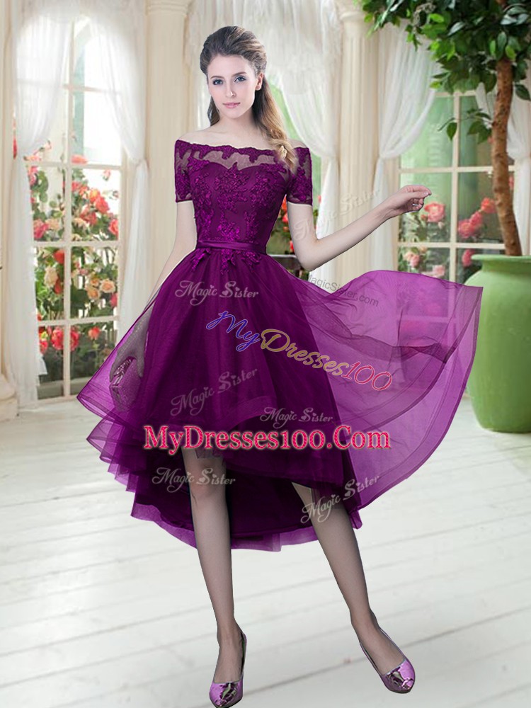 Designer High Low A-line Short Sleeves Purple Prom Evening Gown Lace Up