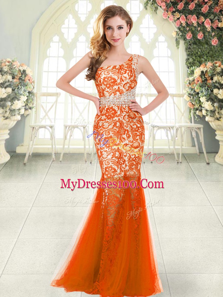 Orange Red Tulle Zipper One Shoulder Sleeveless Floor Length Evening Dress Beading and Lace