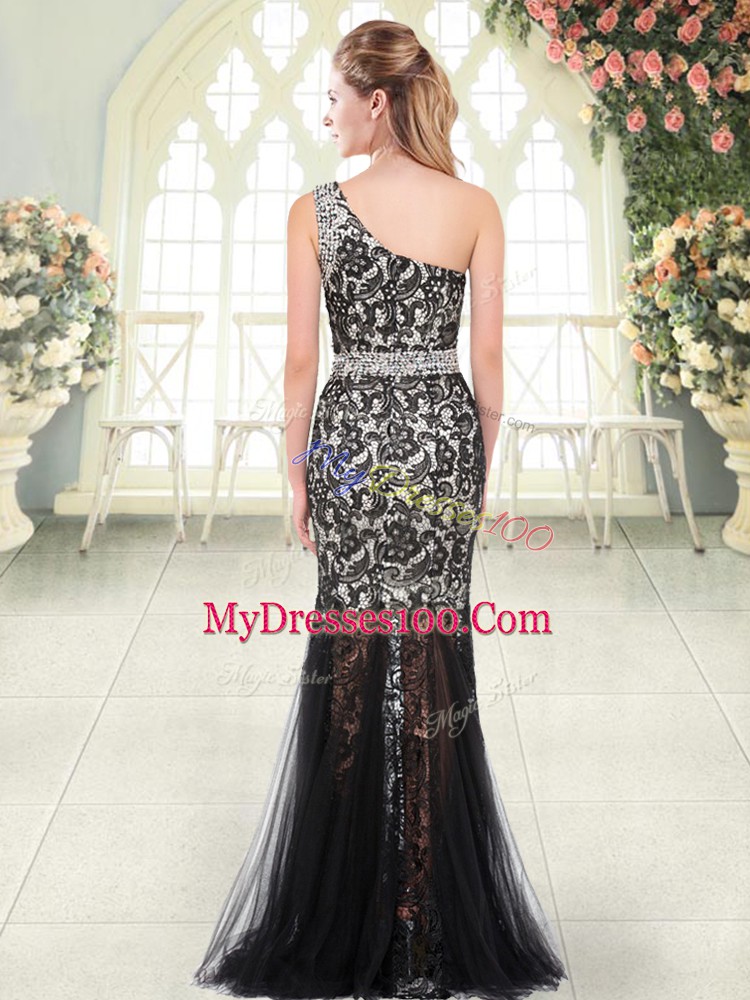 Orange Red Tulle Zipper One Shoulder Sleeveless Floor Length Evening Dress Beading and Lace